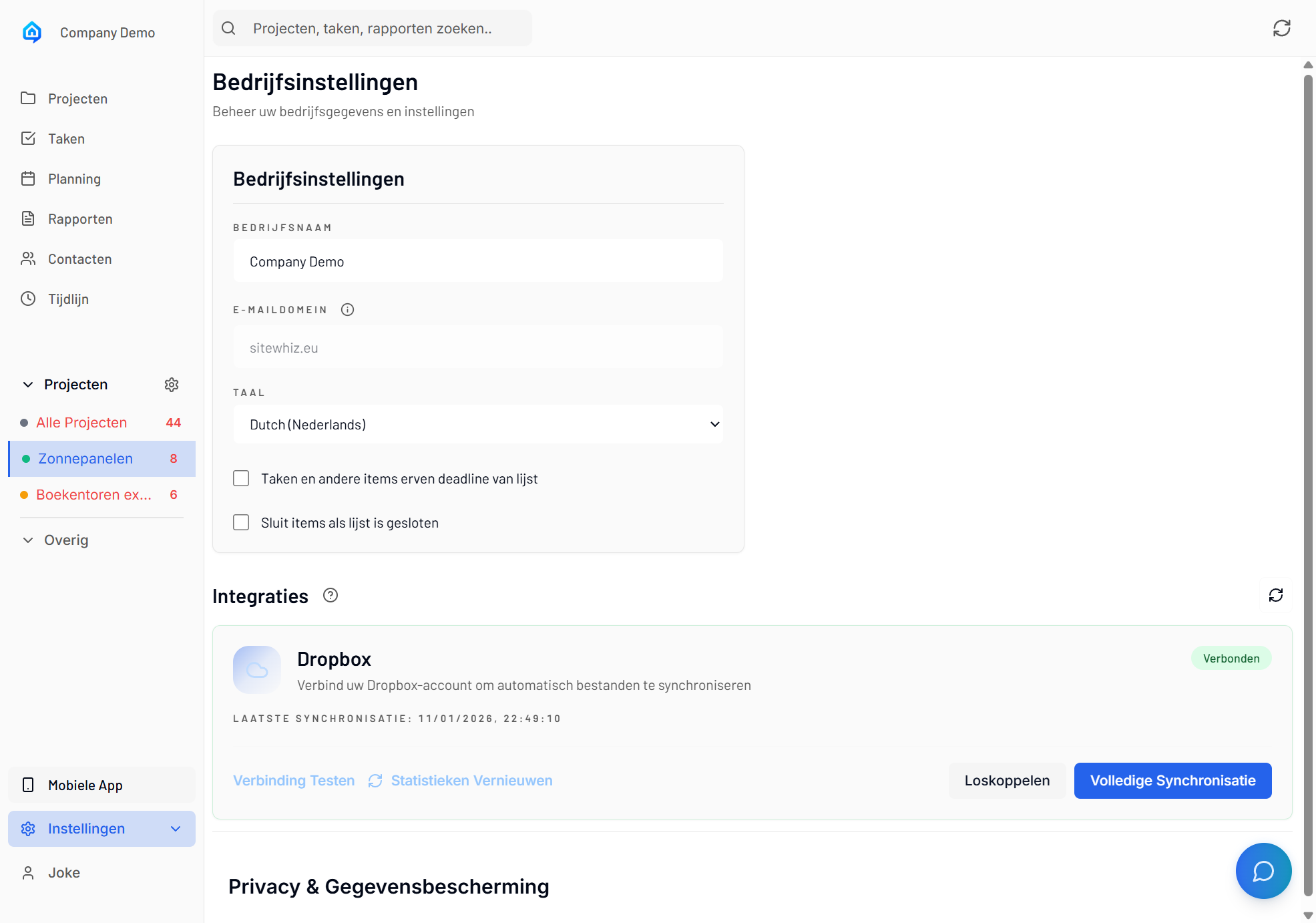 Bedrijfsinstellingen met Integraties