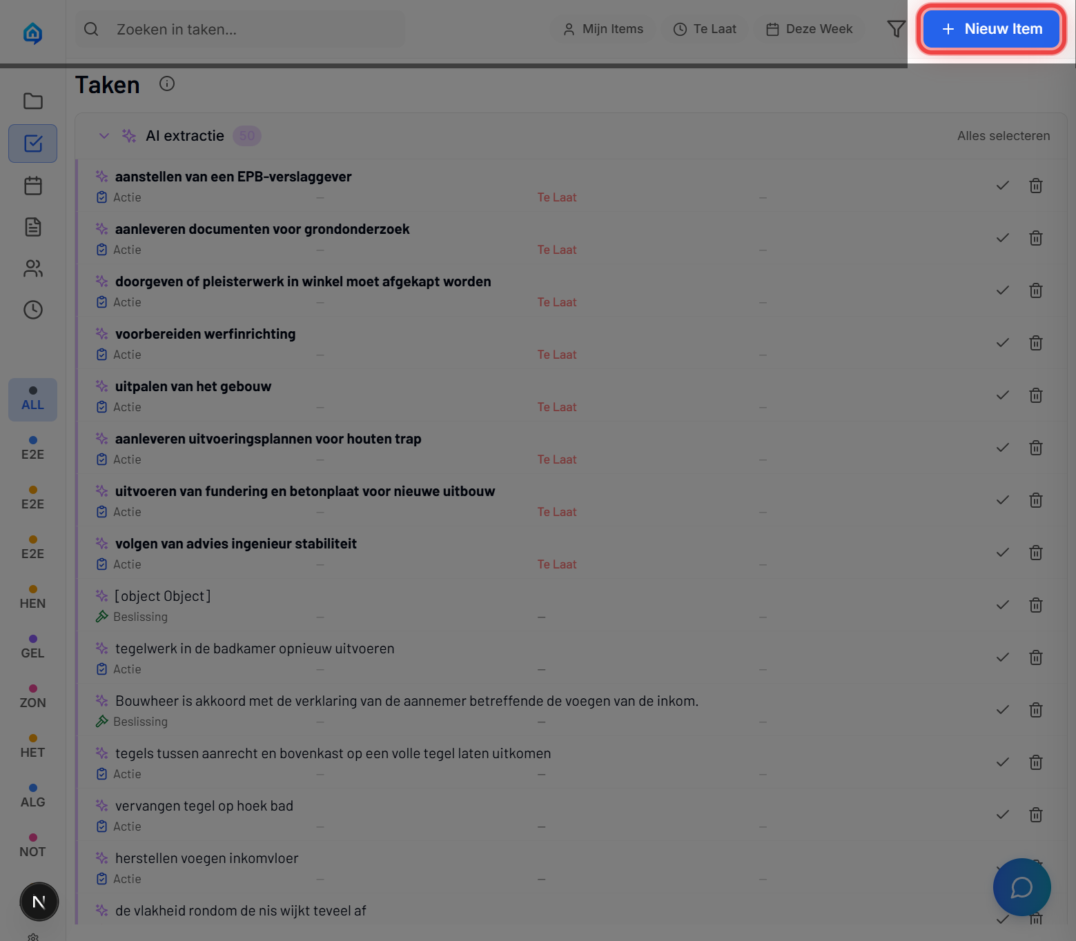 Nieuw Item knop gemarkeerd