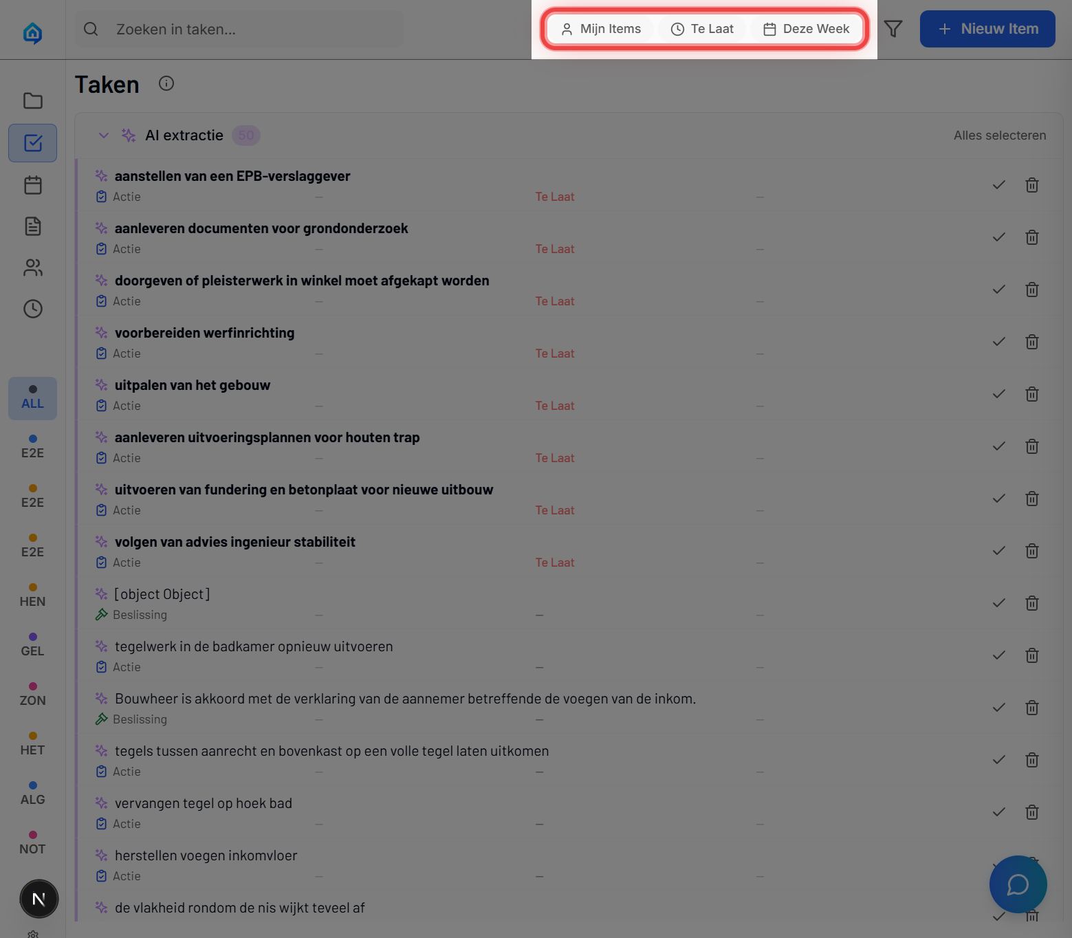 Snelfilters gemarkeerd