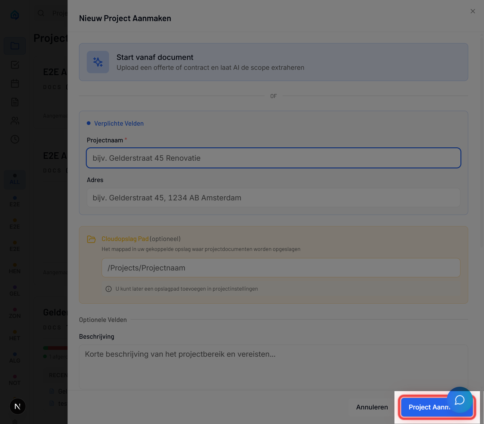 Project Aanmaken knop